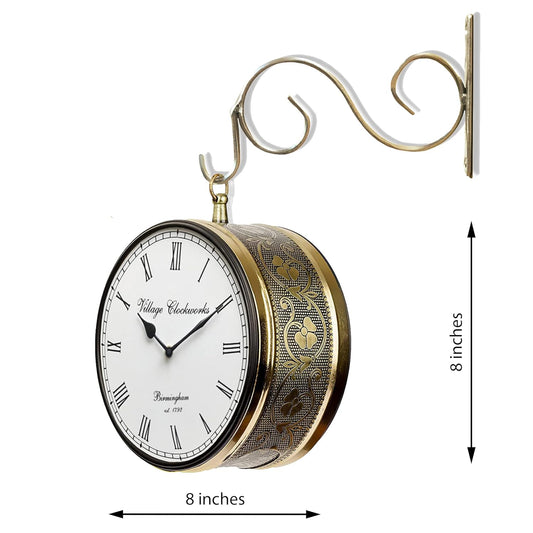 GOLD EMBOSSED Metal Station Clock Double Sided Wall Clock 8 INCH