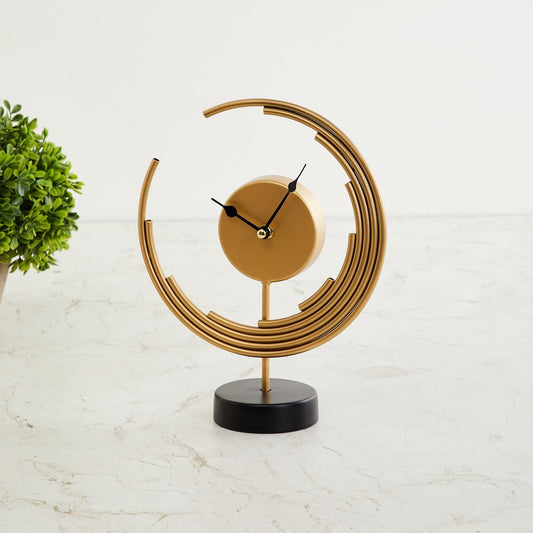 METAL HALFMOON TABLE CLOCK WITH METAL BASE GOLD 12 INCH