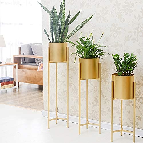 PLANTERS WITH STANDS SET OF THREE GOLD 24,22,20 INCH