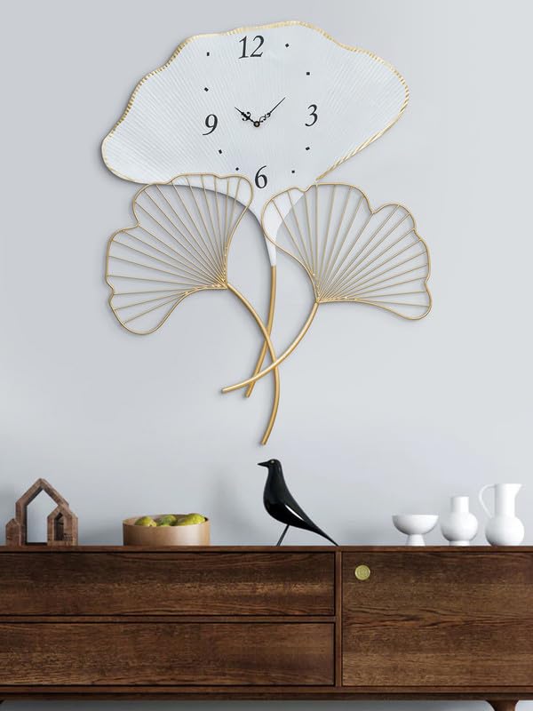 THREE LEAFS METAL WALLCLOCK WHITE & GOLD 24INCH