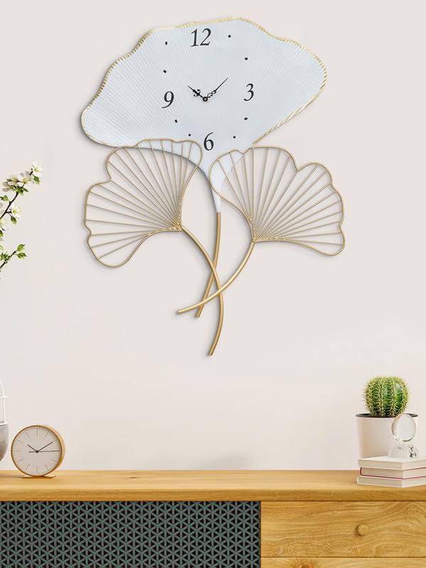 THREE LEAFS METAL WALLCLOCK WHITE & GOLD 24INCH