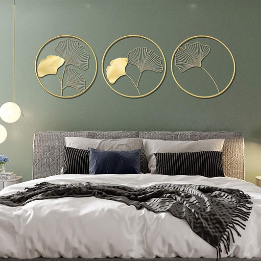 METAL RINGS ART LEAF WALL HANGING SET OF THREE GOLD 12INCH