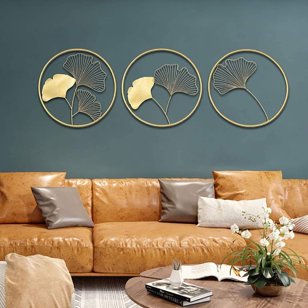METAL RINGS ART LEAF WALL HANGING SET OF THREE GOLD 12INCH