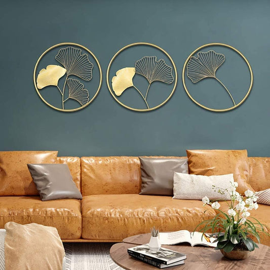 METAL RINGS ART LEAF WALL HANGING SET OF THREE GOLD 12INCH
