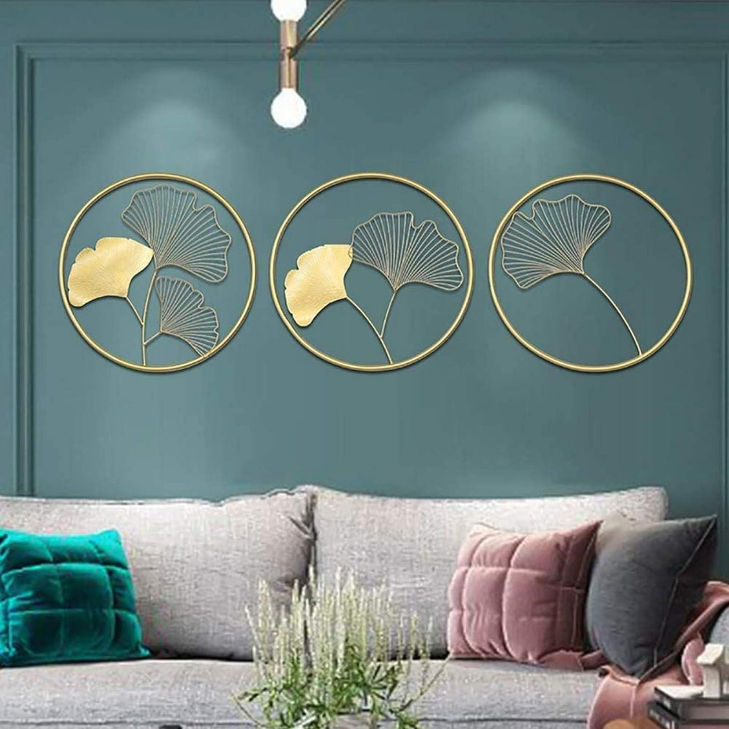 METAL RINGS ART LEAF WALL HANGING SET OF THREE GOLD 12INCH