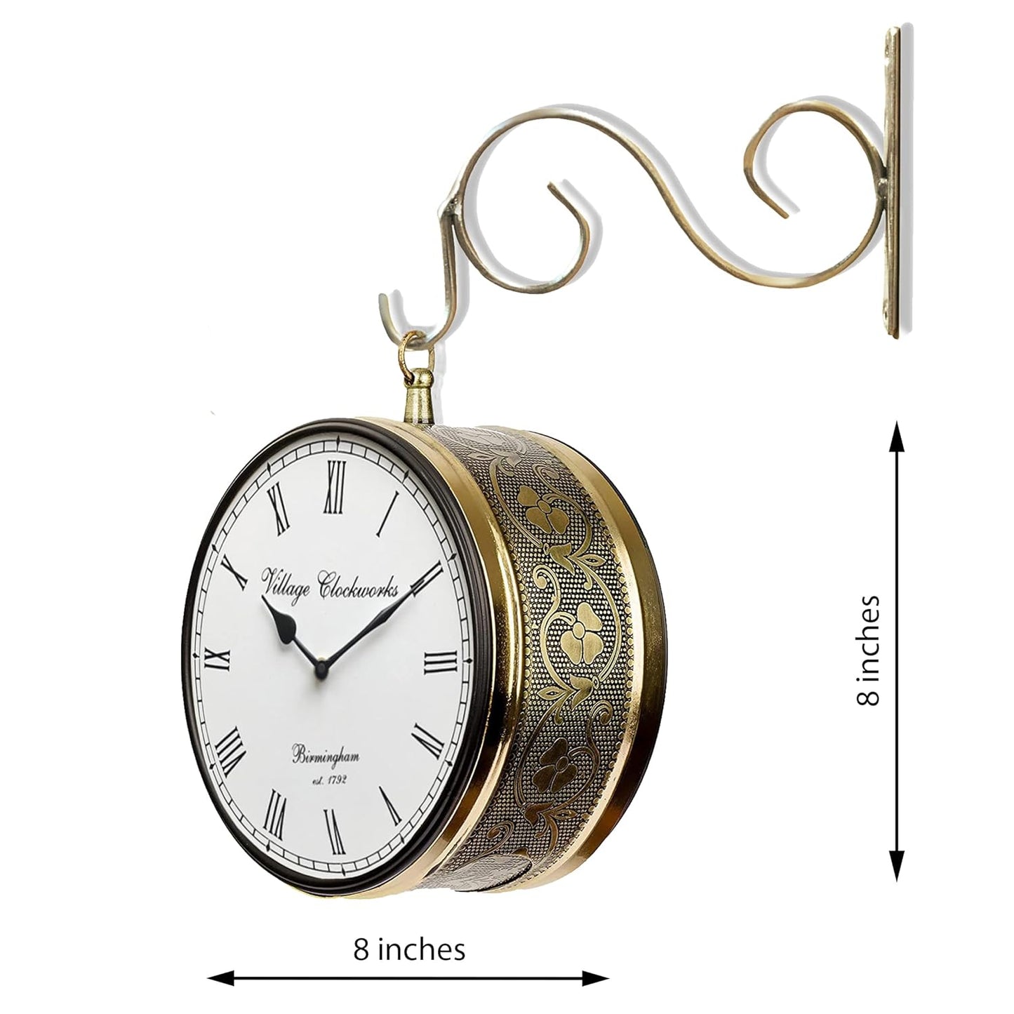GOLD EMBOSSED Metal Station Clock Double Sided Wall Clock 8 INCH