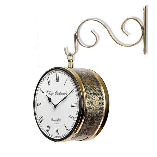 GOLD EMBOSSED Metal Station Clock Double Sided Wall Clock 8 INCH