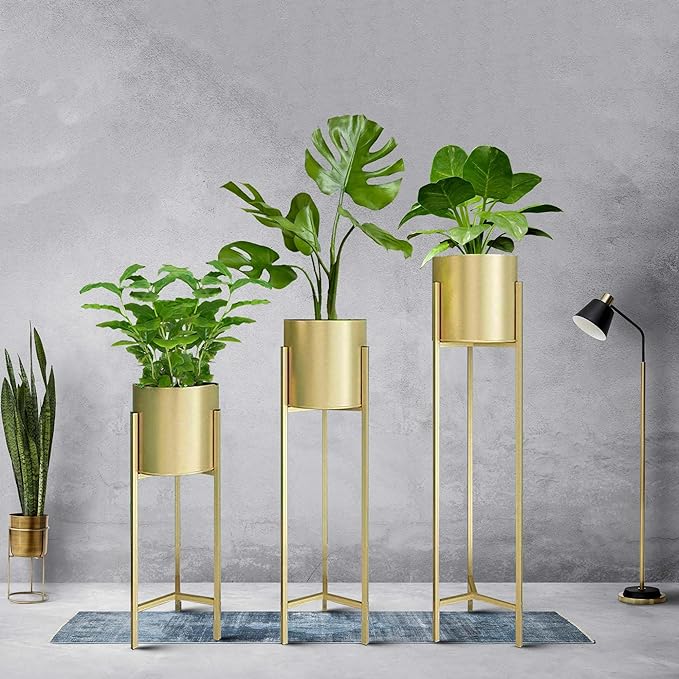 PLANTERS WITH STANDS SET OF THREE GOLD 24,22,20 INCH