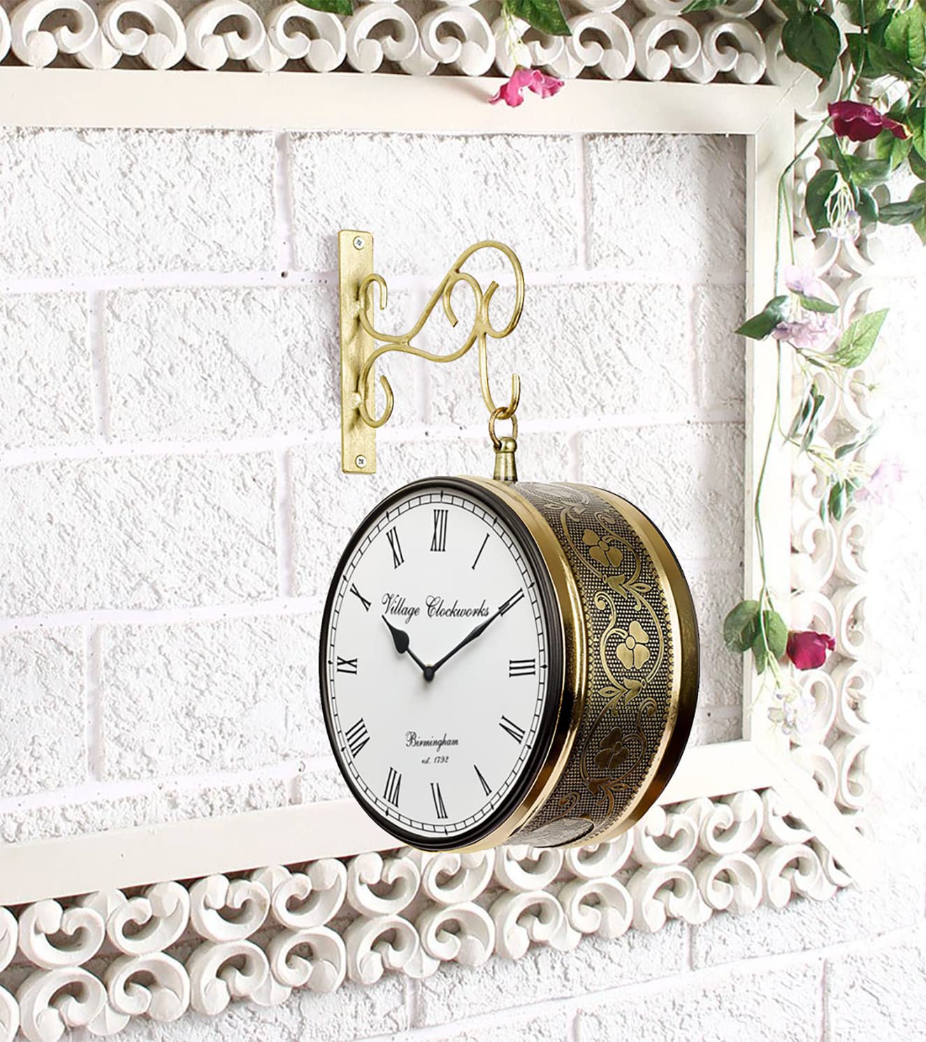 GOLD EMBOSSED Metal Station Clock Double Sided Wall Clock 8 INCH