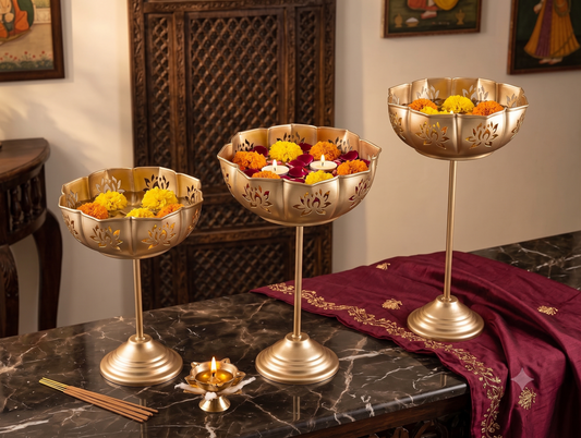 METAL LOTUS SET OF 3 URLI BOWL SIZE-8INCH HEIGHT-12,14,16 INCH