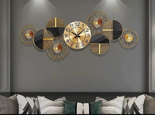 ABSTRACT WALLART FOUR RINGS METAL GOLD & BLACK WALLCLOCK 30 INCH