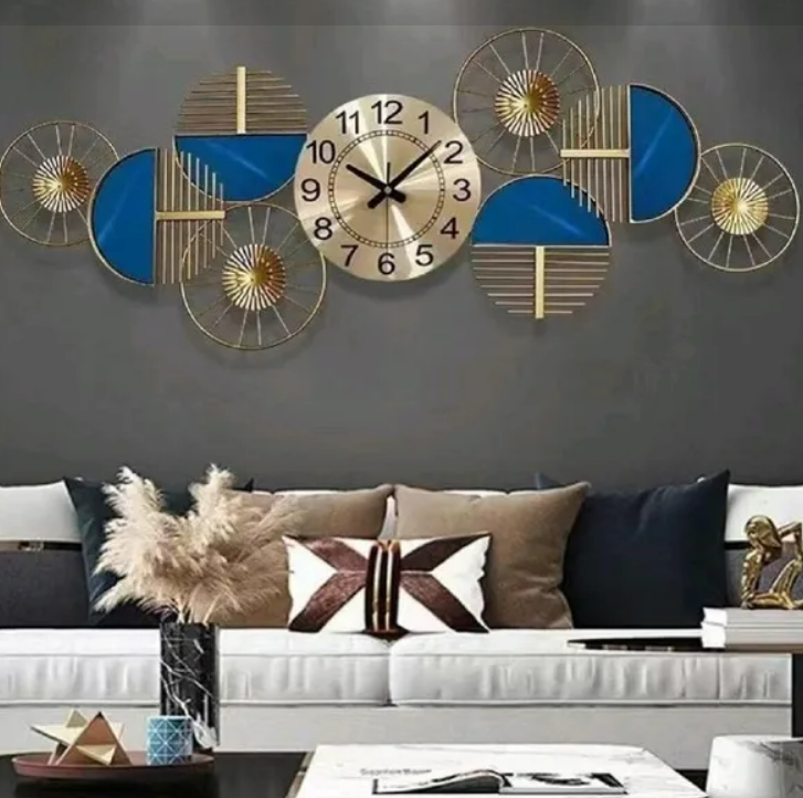 ABSTRACT WALLART FOUR RINGS METAL GOLD & BLUE WALLCLOCK 30 INCH