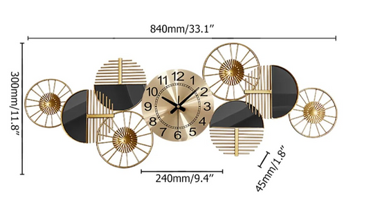 ABSTRACT WALLART FOUR RINGS METAL GOLD & BLACK WALLCLOCK 30 INCH