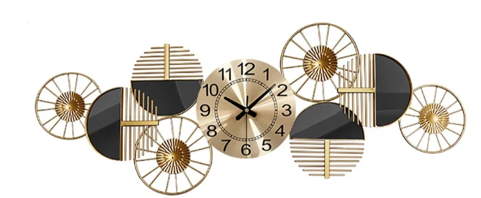 ABSTRACT WALLART FOUR RINGS METAL GOLD & BLACK WALLCLOCK 30 INCH