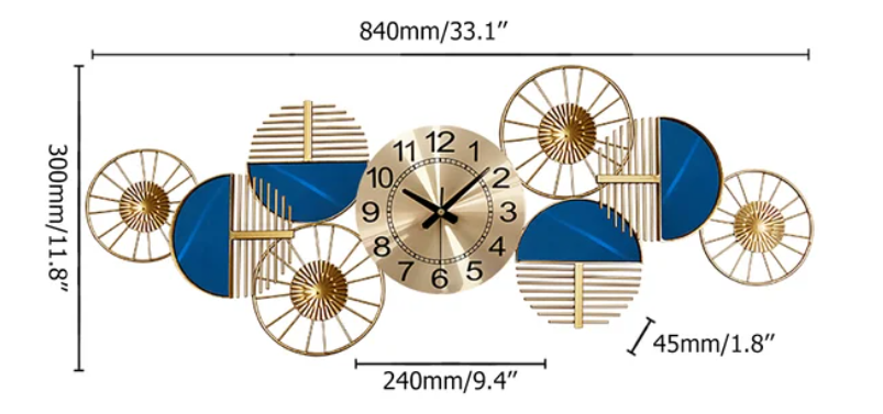 ABSTRACT WALLART FOUR RINGS METAL GOLD & BLUE WALLCLOCK 30 INCH
