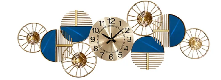 ABSTRACT WALLART FOUR RINGS METAL GOLD & BLUE WALLCLOCK 30 INCH