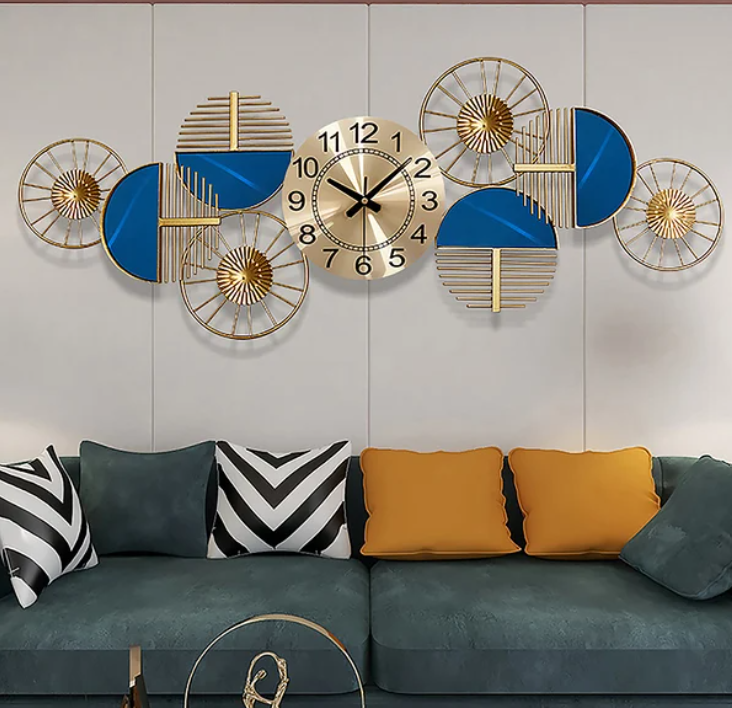 ABSTRACT WALLART FOUR RINGS METAL GOLD & BLUE WALLCLOCK 30 INCH