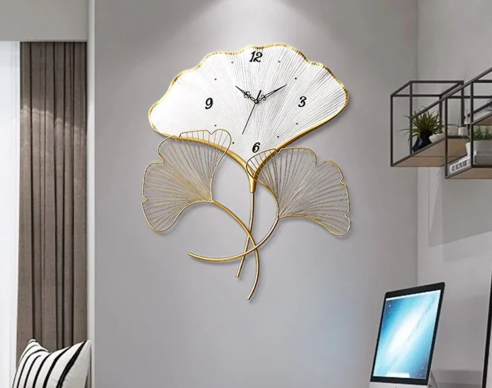 THREE LEAFS METAL WALLCLOCK WHITE & GOLD 24INCH