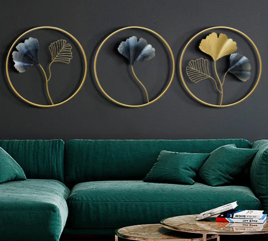 METAL RINGS ART LEAF WALL HANGING SET OF THREE  12INCH