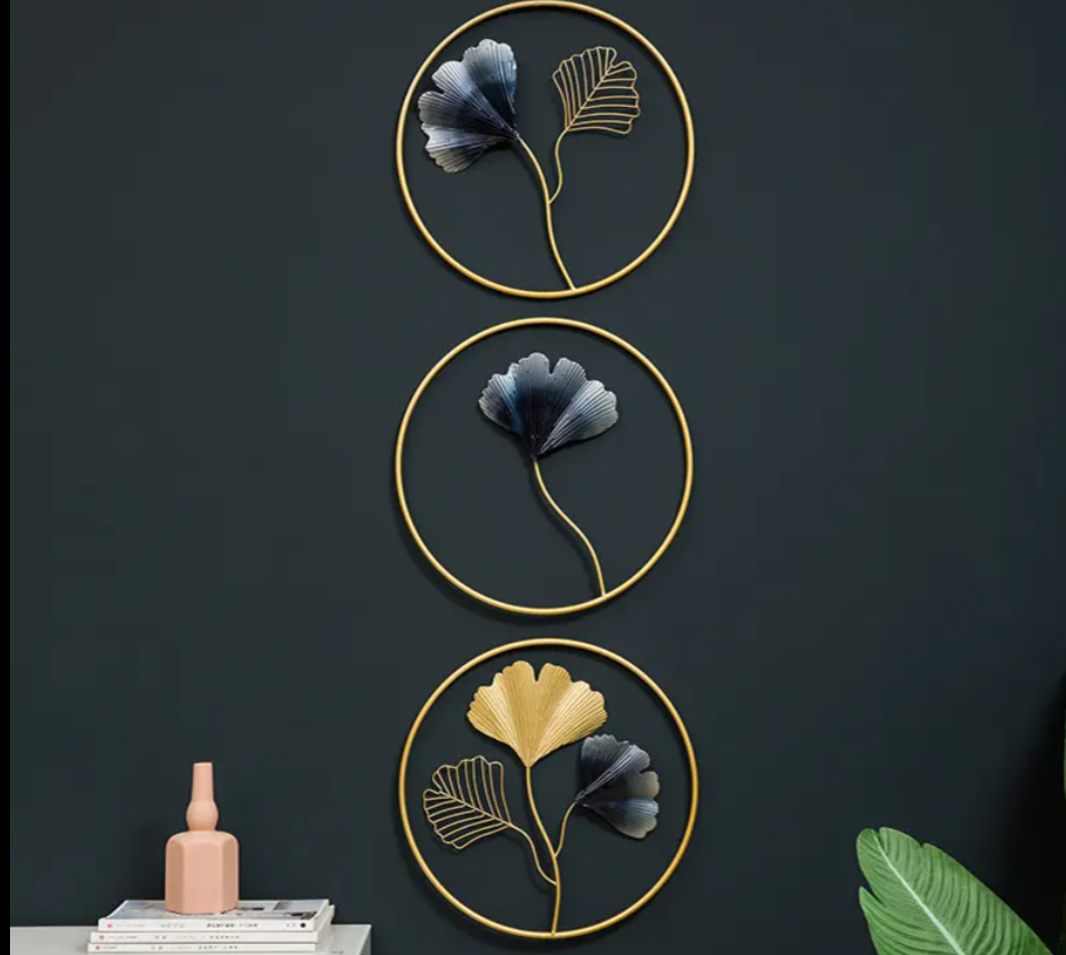 METAL RINGS ART LEAF WALL HANGING SET OF THREE  12INCH