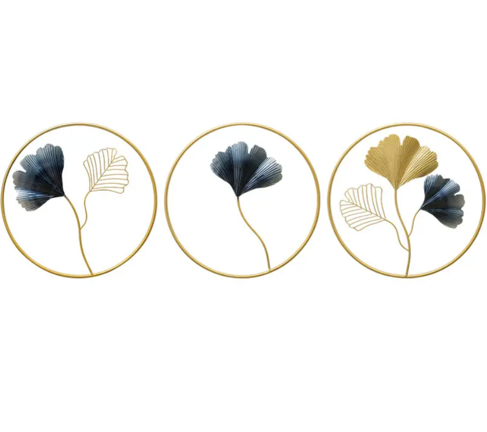 METAL RINGS ART LEAF WALL HANGING SET OF THREE  12INCH