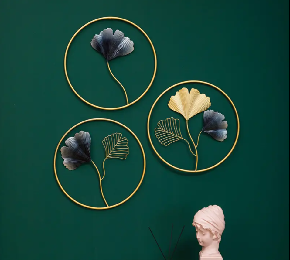 METAL RINGS ART LEAF WALL HANGING SET OF THREE  12INCH