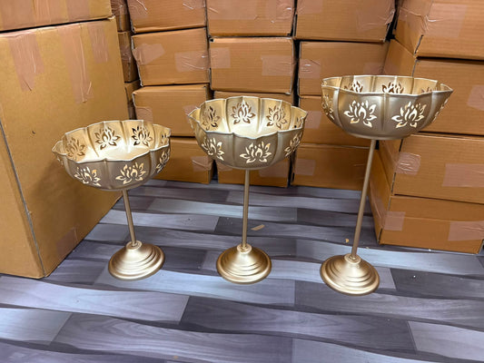 METAL LOTUS SET OF 3 URLI BOWL SIZE-8INCH HEIGHT-12,14,16 INCH